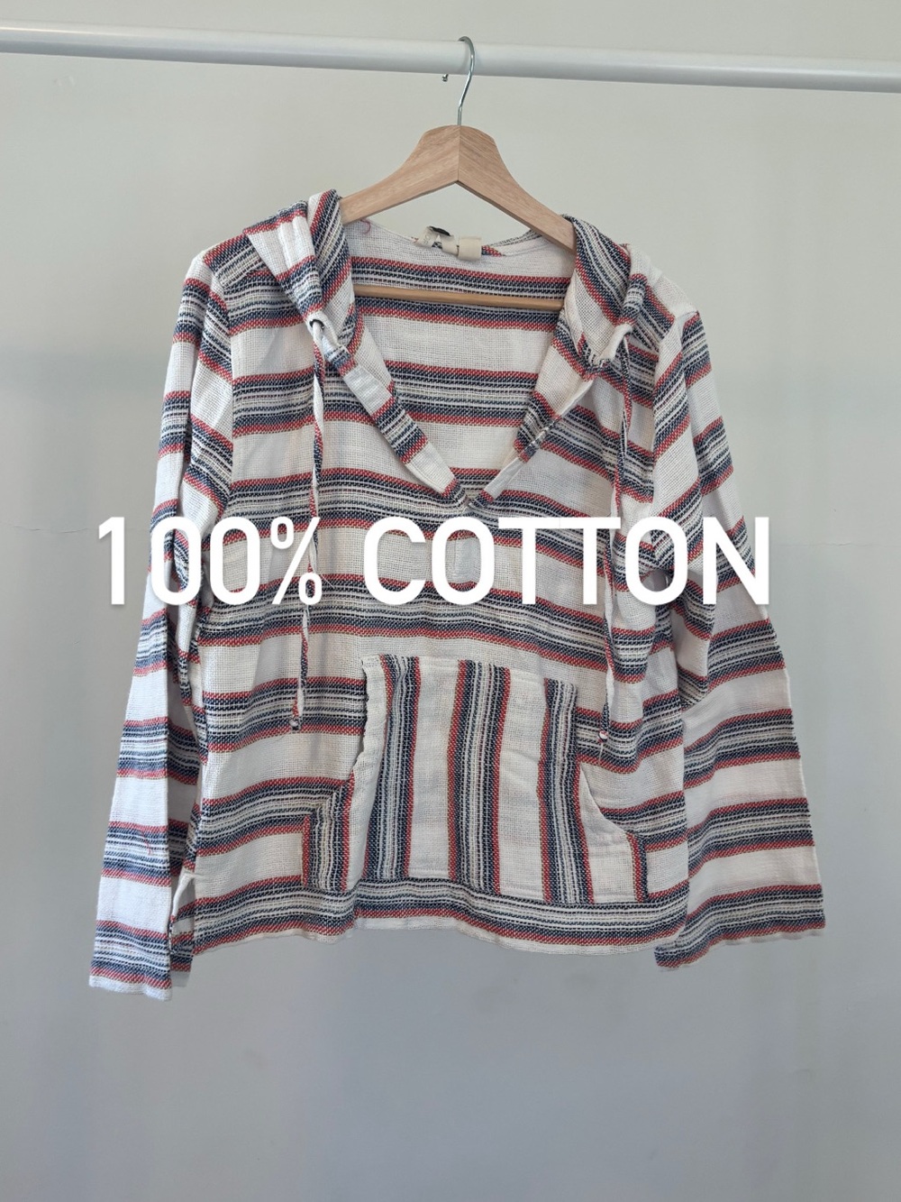 ROXY Baja Striped Hooded Pullover in White, Blue & Red | 100% Cotton | Y2K Surf